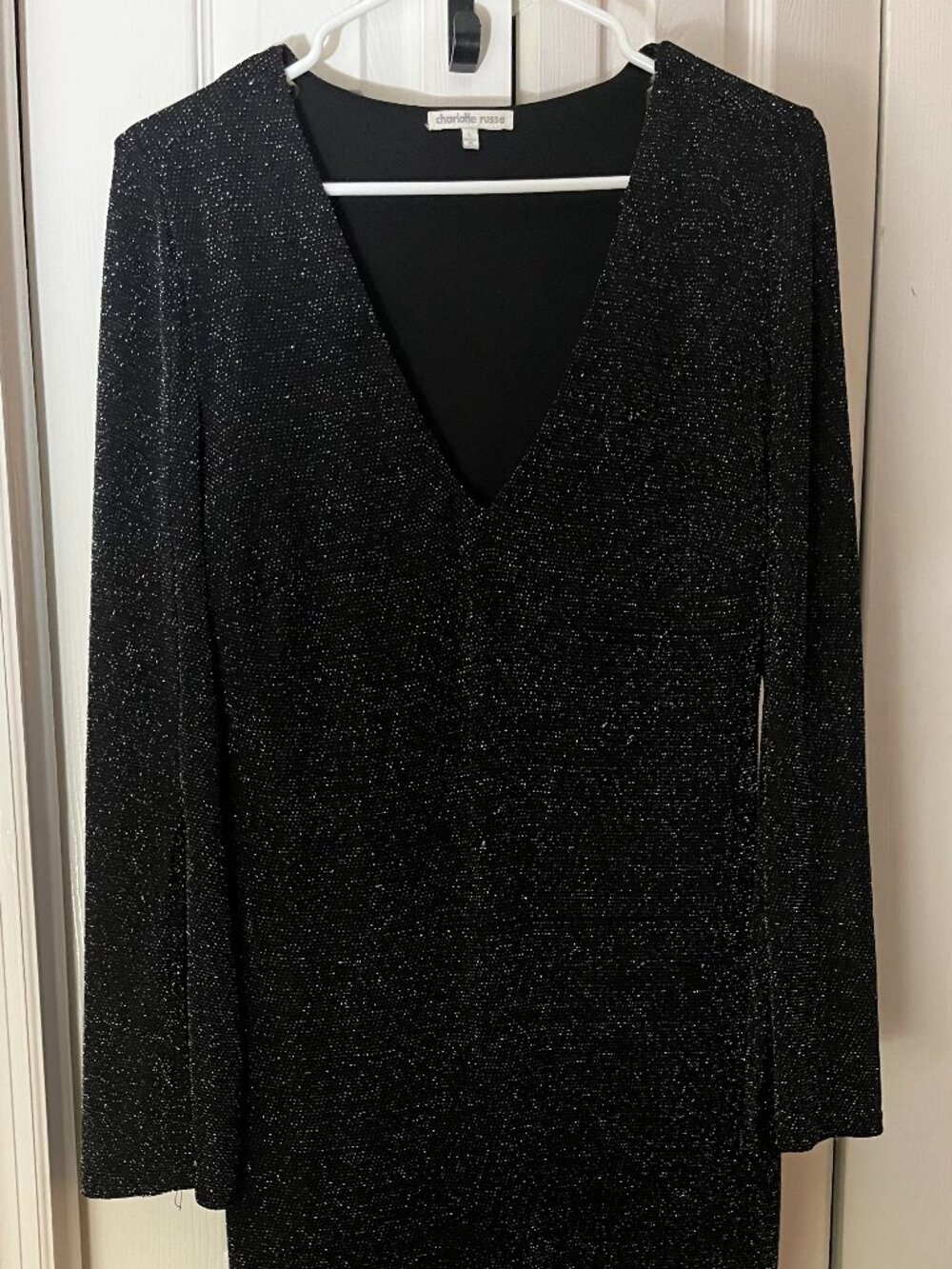 Charlotte Russe Black & Silver Glitter V-Neck Dress - Size L